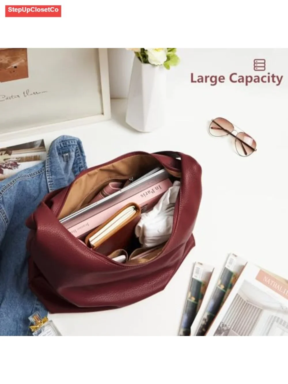 Slouchy Tote Bag 18L Casual Vegan Leather Crescent Hobo Zipper